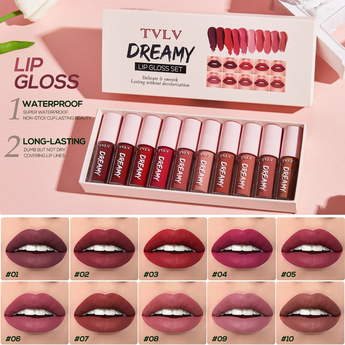 10-Piece Velvet Lipstick & Lip Gloss Set – Waterproof & Long-Lasting