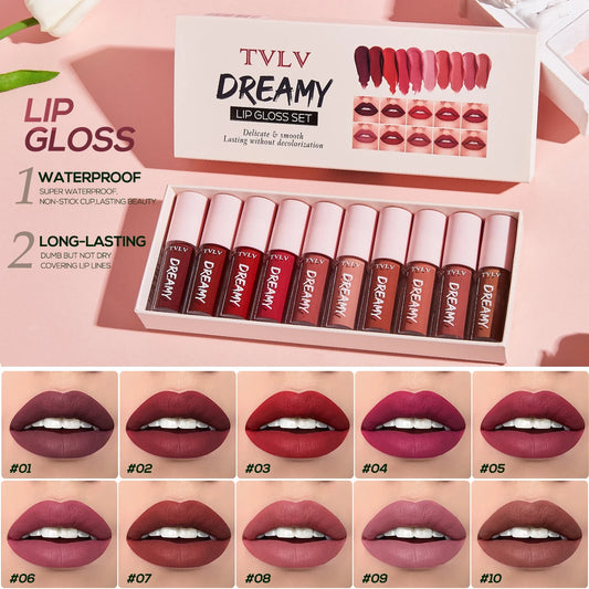 10-Piece Velvet Lipstick & Lip Gloss Set – Waterproof & Long-Lasting
