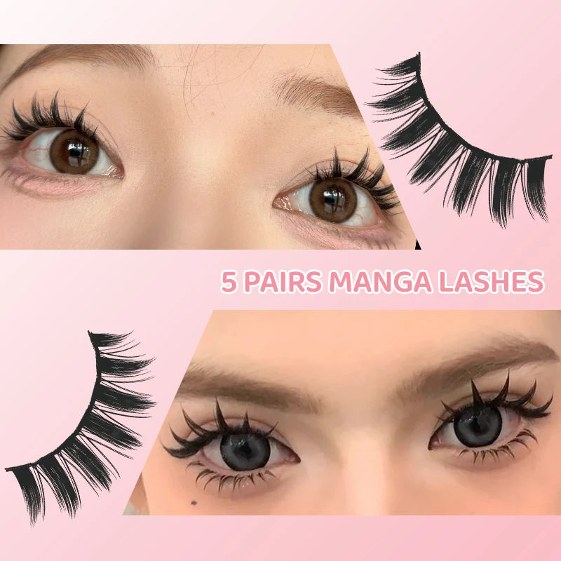 5 Pairs Manga Lashes Eyes Lashes Soft Natural Long Eyelashes Fake Lashes Anime Wispy Strip False Eyelashes Makeup