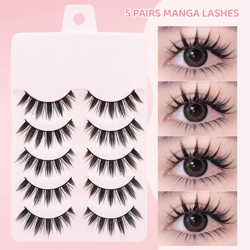 5 Pairs Manga Lashes Eyes Lashes Soft Natural Long Eyelashes Fake Lashes Anime Wispy Strip False Eyelashes Makeup