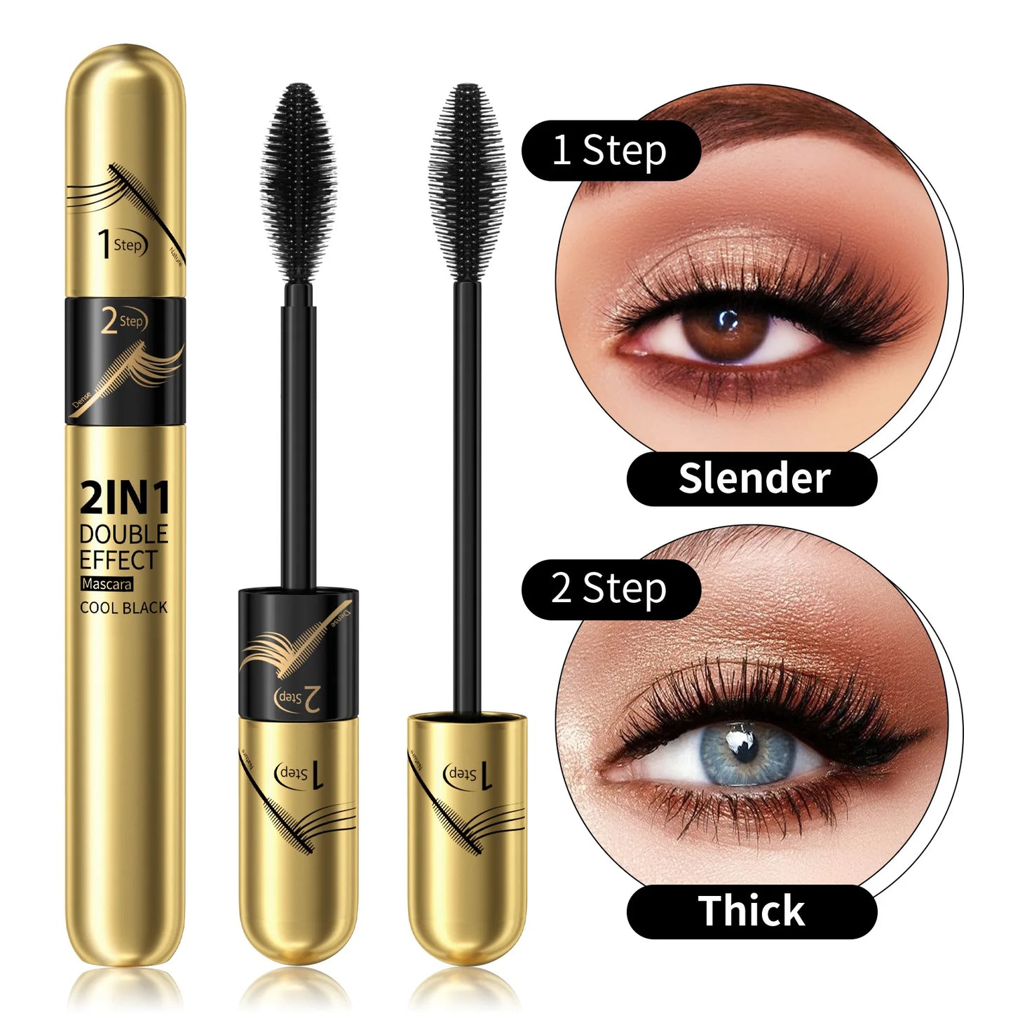 2-in-1 Slim Curl Waterproof Mascara – 4D Thickening