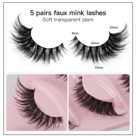 5 Pairs Cat Eye Faux Mink Lashes – Winged & Long